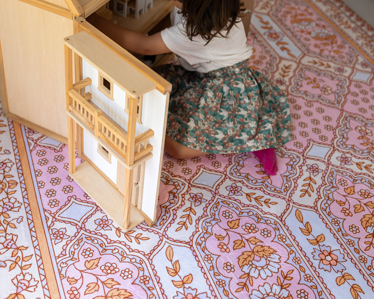 The Dahlia Boho Floral Play Mat – soft pink and blue tones, designed in Australia