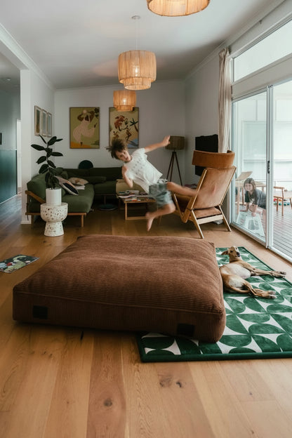 The Play & Rest Corduroy Crash Pillow Mat XL in Cloud Puff / L in Bear Hug Brown