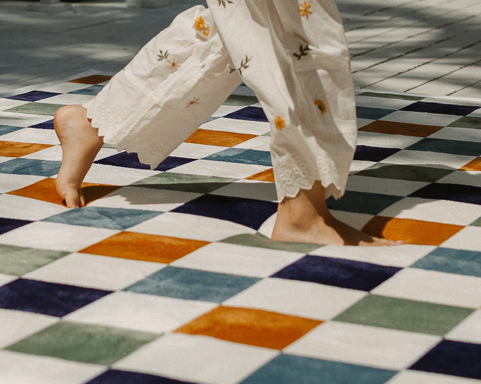 Modern gender-neutral baby play rug – reversible check tatami mat alternative in earthy green, blue and orange tones