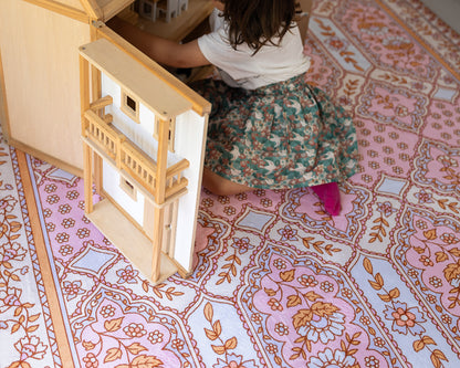 The Dahlia Boho Floral Play Mat – soft pink and blue tones, designed in Australia