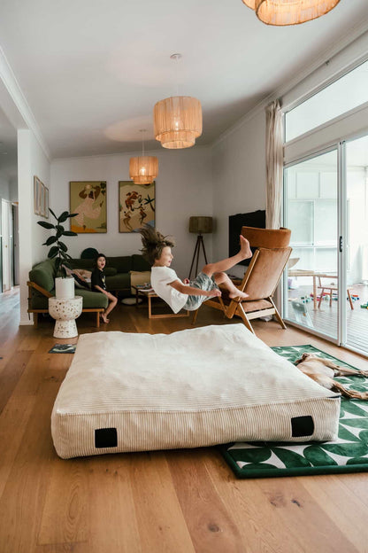 The Play & Rest Corduroy Crash Pillow Mat XL in Cloud Puff / L in Bear Hug Brown