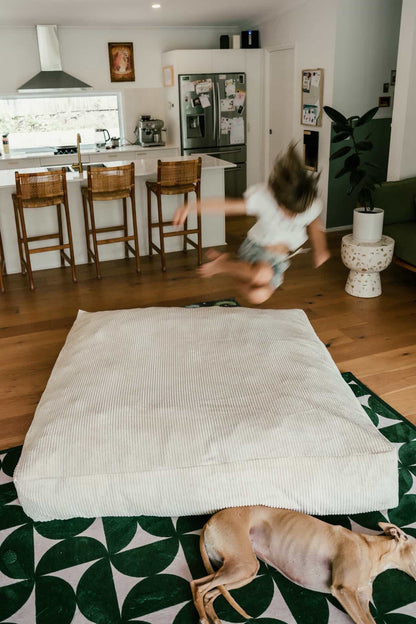 The Play & Rest Corduroy Crash Pillow Mat XL in Cloud Puff / L in Bear Hug Brown